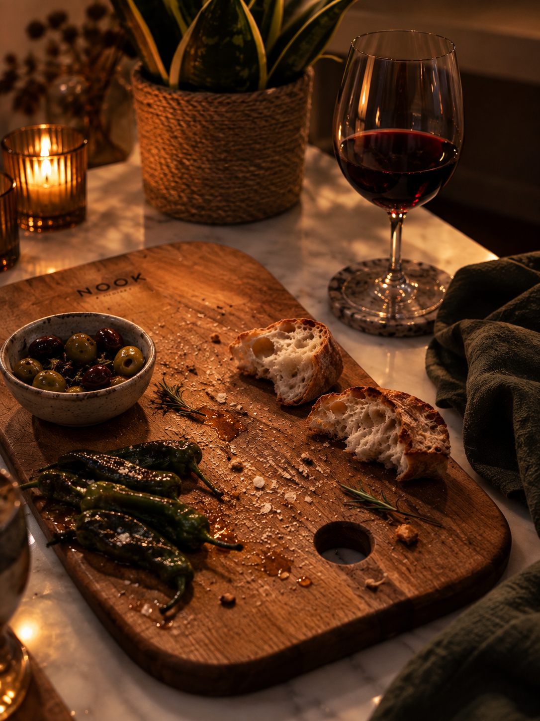 NOOK board styled for an evening with wine and shared food